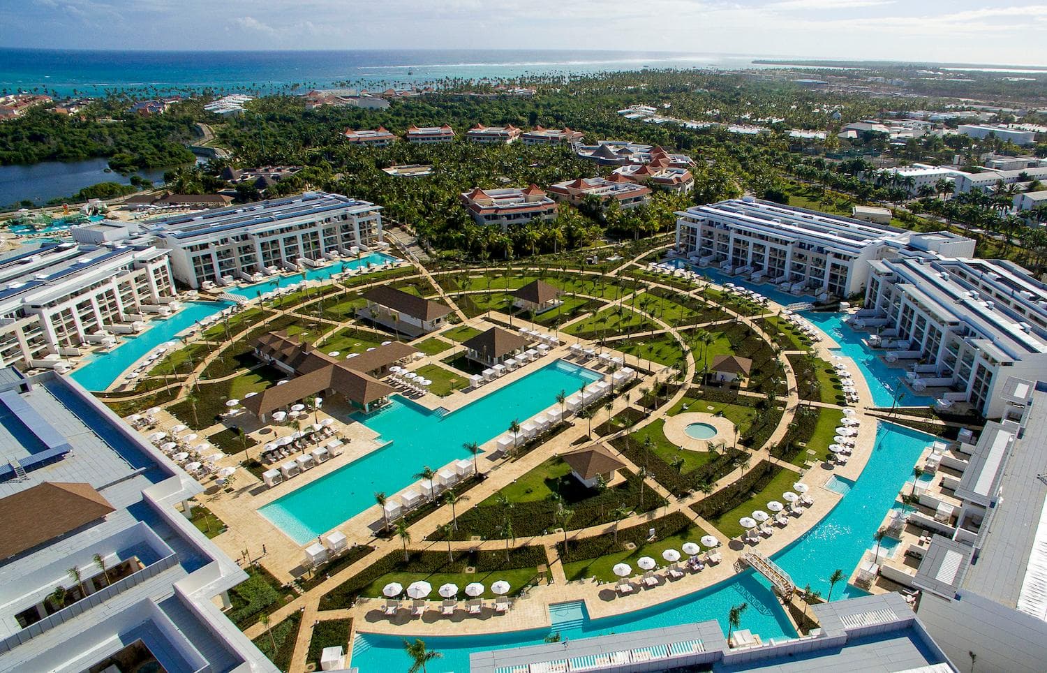 Aerial view of the Paradisus Grand Cana resort, its circular gardens and pools ringed by guest wings.