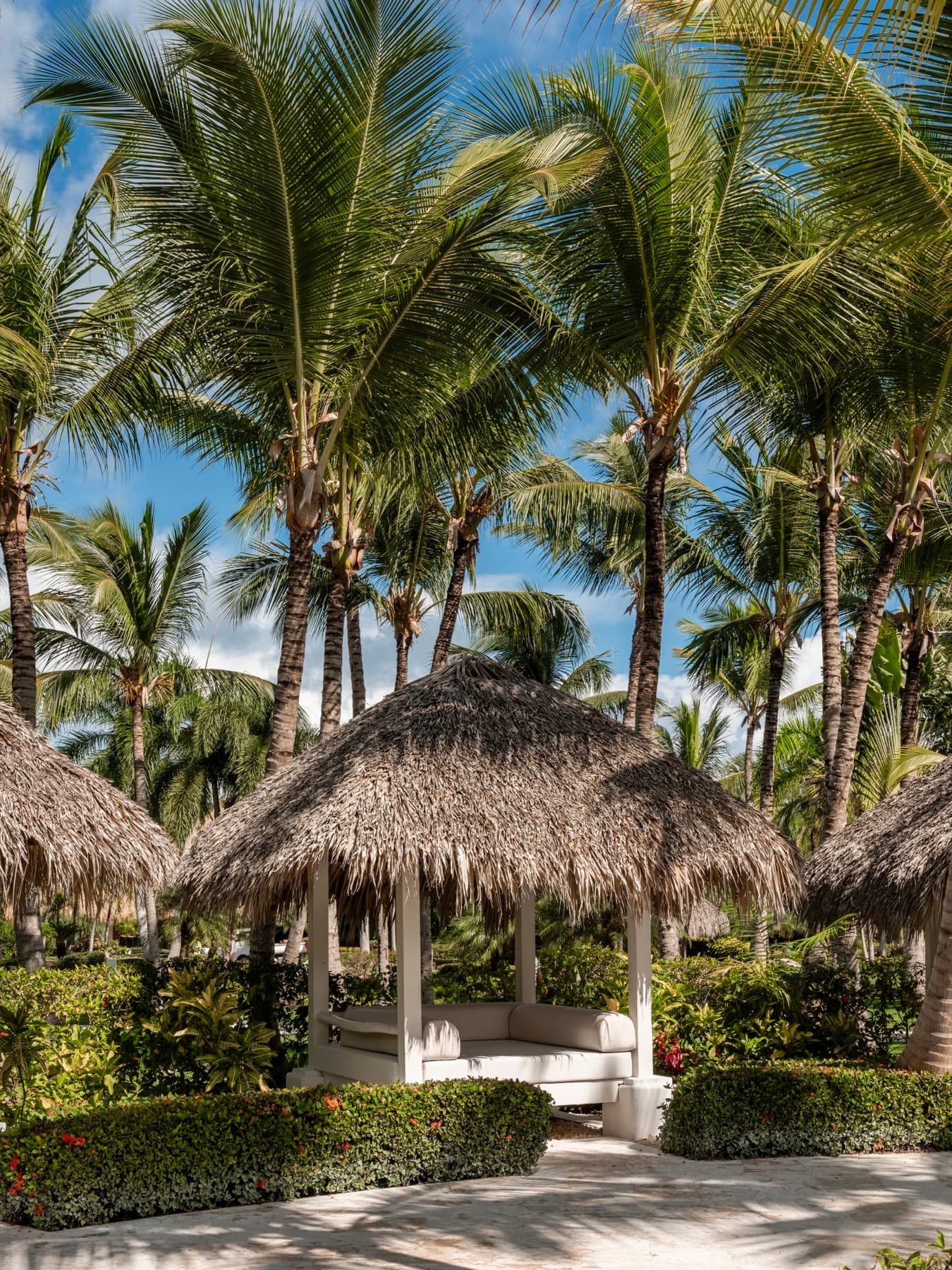 A thatched daybed cabana in the palm-filled grounds of ZEL Punta Cana All Suites.